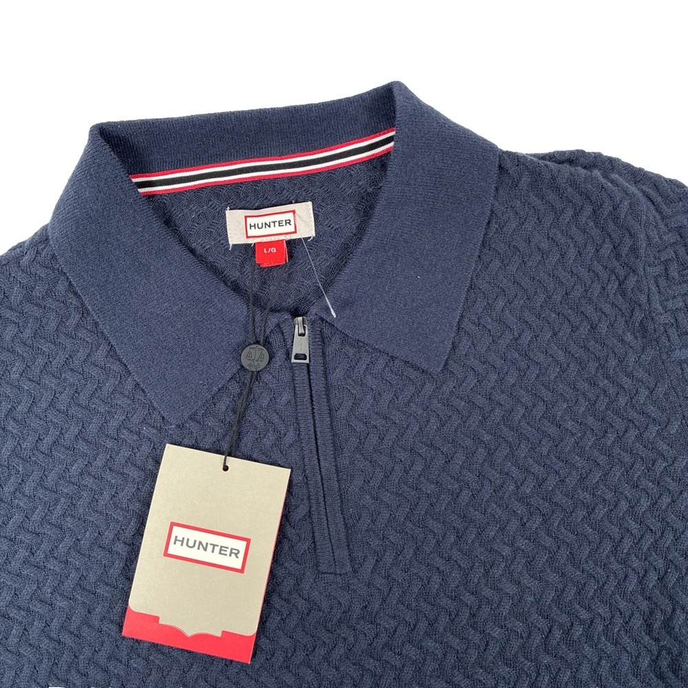 New Hunter Short Sleeve Polo Sweater Men's Size L Blue Cable Knit Texture NWT